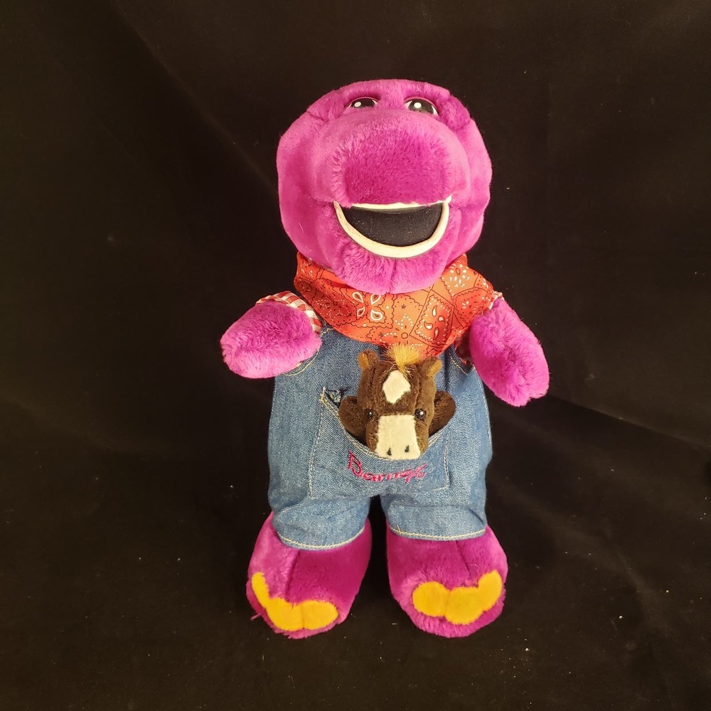 Vintage Barney the Dinosaur 12" Plush Farmer Overalls/Horse Stuffed Animal 90s
